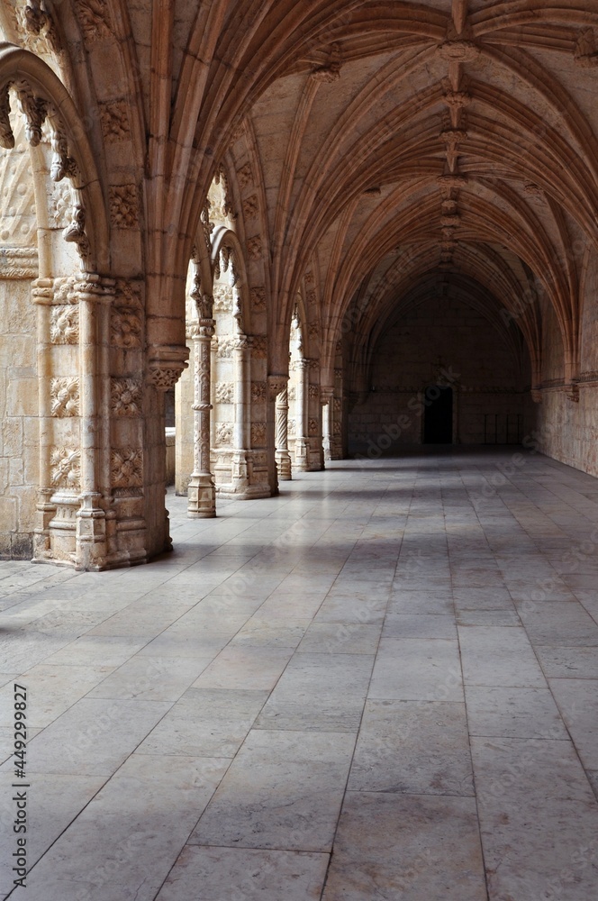 Monastery in Lisbon, Portugal. Corridor and Architecture of Jeronimos Monastery