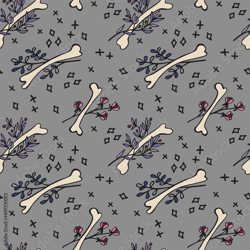 Vector seamless pattern with plants and bones. Hand drawn illustration. The print is used for Wallpaper design, fabric, textile, packaging.
