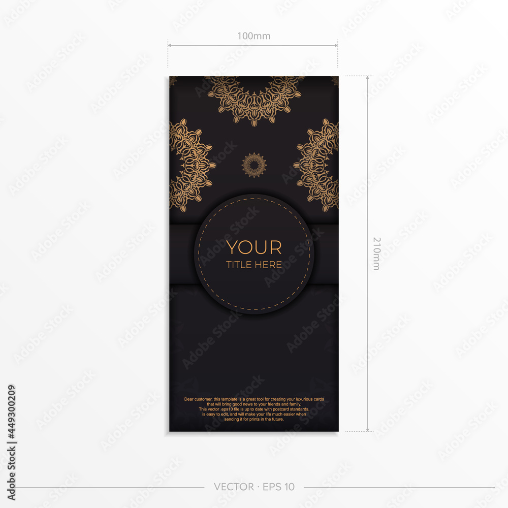 Luxurious postcards in black with vintage patterns. Invitation card design with mandala ornament.