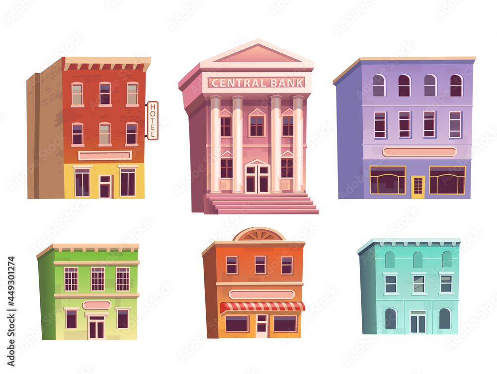 Set of elements for city with houses, shops, cafe, hotel, bank.Vector illustration in flat style. Background for games and mobile applications.