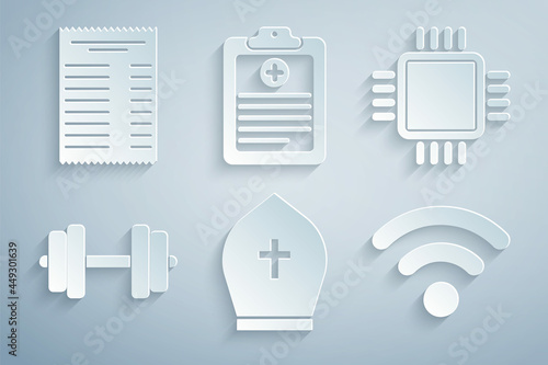 Set Pope hat, Processor with CPU, Dumbbell, Wi-Fi wireless network, Clinical record and Paper financial check icon. Vector