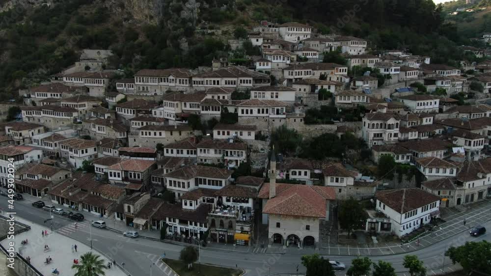 Dron view 4k of Berat, Albania, the city of a thousand windows, historic ottoman city. Dron view 4k of Berat, Albania, the city of a thousand windows, historic ottoman city.