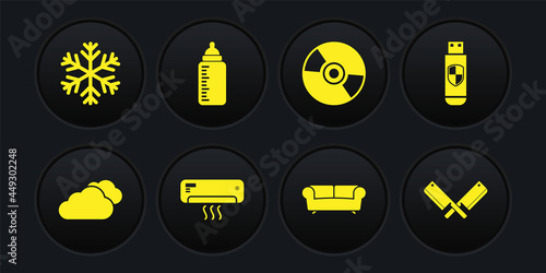 Set Cloud, USB flash drive and shield, Air conditioner, Sofa, CD or DVD disk and Baby bottle icon. Vector