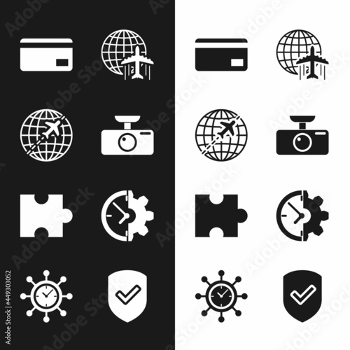 Set Car DVR, Globe with flying plane, Credit card, , Piece of puzzle and Clock and gear icon. Vector