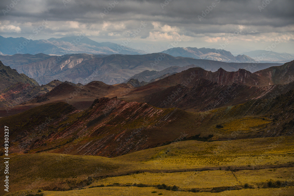 Panorama of the rugged Andean landscape of the Valle Encantado, or Enchanted Valley, Cuesta del Obispo, Salta Province, northwest Argentina