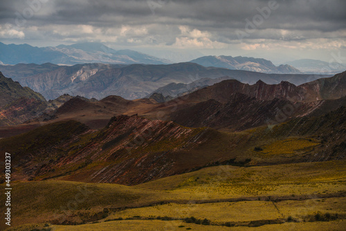 Panorama of the rugged Andean landscape of the Valle Encantado, or Enchanted Valley, Cuesta del Obispo, Salta Province, northwest Argentina