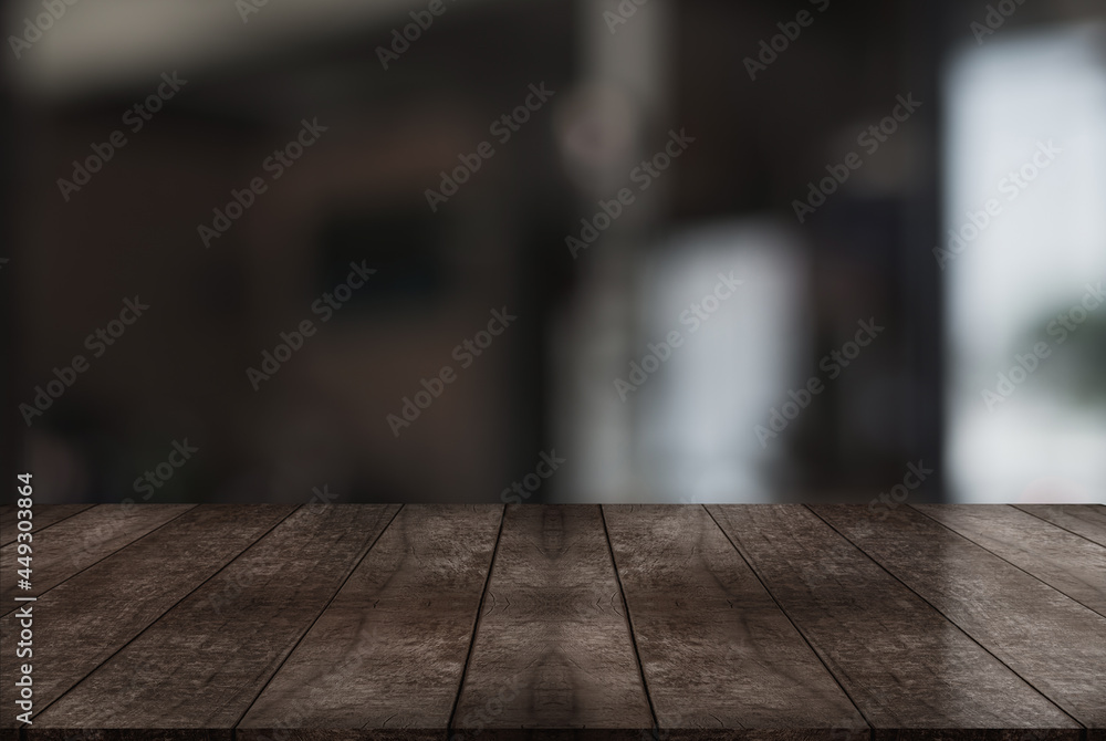 Empty wooden table top with lights bokeh on blur restaurant background. Empty wooden table top with lights bokeh on blur restaurant background.