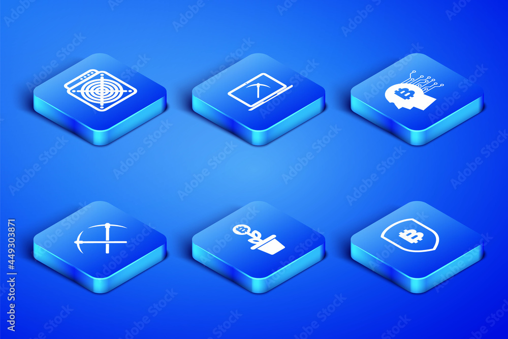 Set Shield with bitcoin, ASIC Miner, Bitcoin plant the pot, Crossed pickaxe, Mining laptop and and think icon. Vector Set Shield with bitcoin, ASIC Miner, Bitcoin plant the pot, Crossed pickaxe, Mining laptop and and think icon. Vector