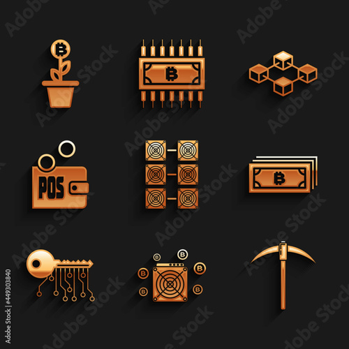 Set Mining farm, ASIC Miner, Pickaxe, Cryptocurrency bitcoin, key and Proof of stake icon. Vector
