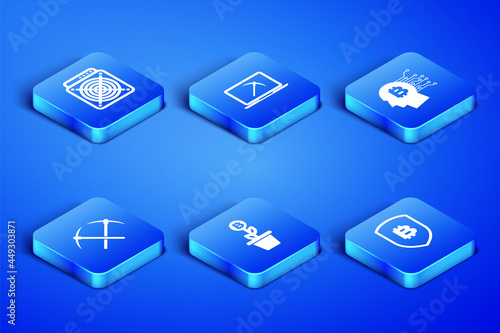 Set Shield with bitcoin, ASIC Miner, Bitcoin plant the pot, Crossed pickaxe, Mining laptop and and think icon. Vector