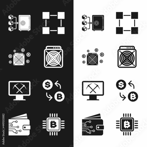 Set ASIC Miner, , Proof of stake, Blockchain technology, Mining with monitor and pickaxe and Cryptocurrency exchange icon. Vector