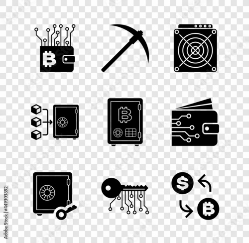 Set Cryptocurrency wallet, Pickaxe, ASIC Miner, Proof of stake, key and exchange icon. Vector
