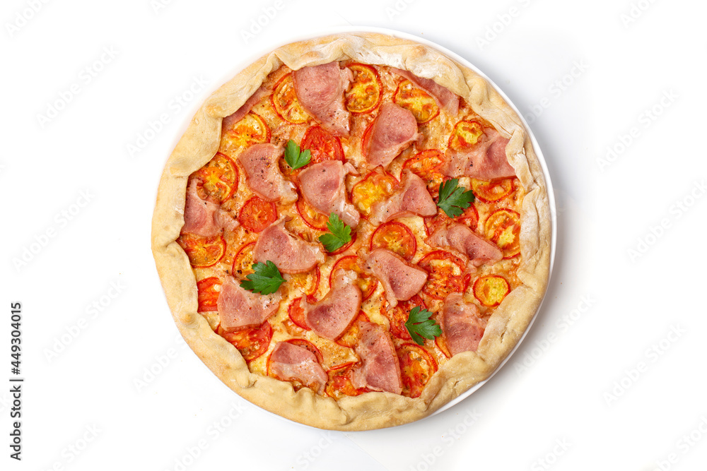 Italian pizza Margarita with melted mozzarella cheese and tomatoes, garnished with fresh parsley on a thick crust Italian pizza Margarita with melted mozzarella cheese and tomatoes, garnished with fresh parsley on a thick crust