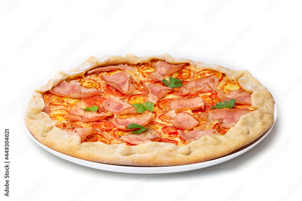 Italian pizza Margarita with melted mozzarella cheese and tomatoes, garnished with fresh parsley on a thick crust Italian pizza Margarita with melted mozzarella cheese and tomatoes, garnished with fresh parsley on a thick crust