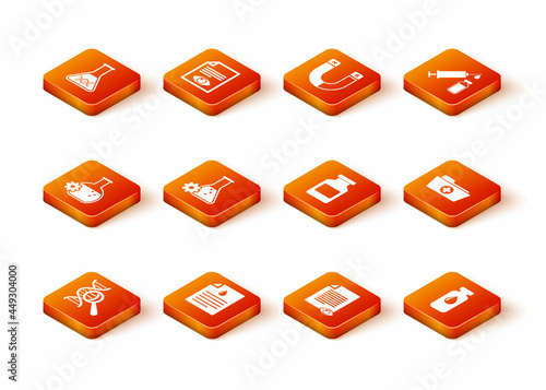 Set DNA research, search, Clipboard with blood test, Bioengineering, , Paper page eye and Medicine bottle icon. Vector