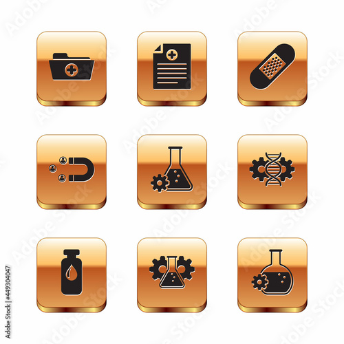 Set Health record folder, Medical vial, ampoule, Bioengineering, , Customer attracting and Bandage plaster icon. Vector