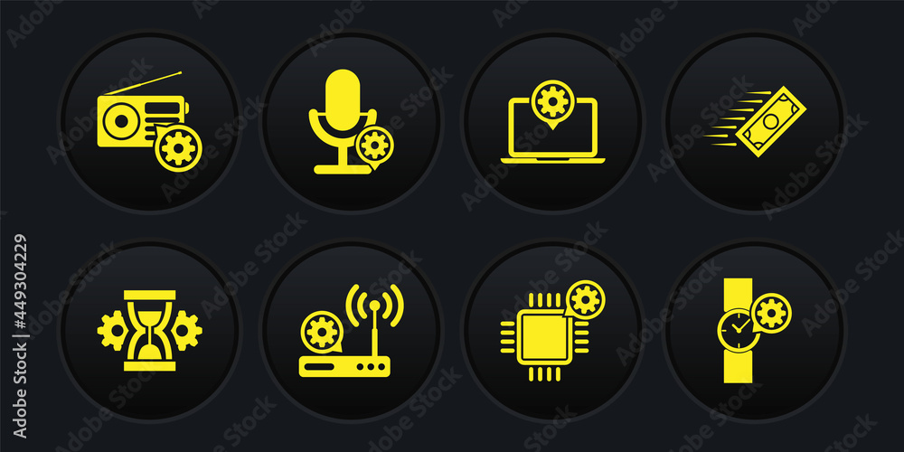 Set Hourglass setting, Fast payments, Router and wi-fi, Processor, Laptop and Microphone icon. Vector Set Hourglass setting, Fast payments, Router and wi-fi, Processor, Laptop and Microphone icon. Vector
