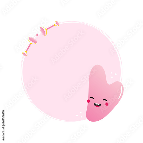 Cute cartoon style rose quartz gua sha beauty tool character round frame, card template, background for massage and beauty treatment design.