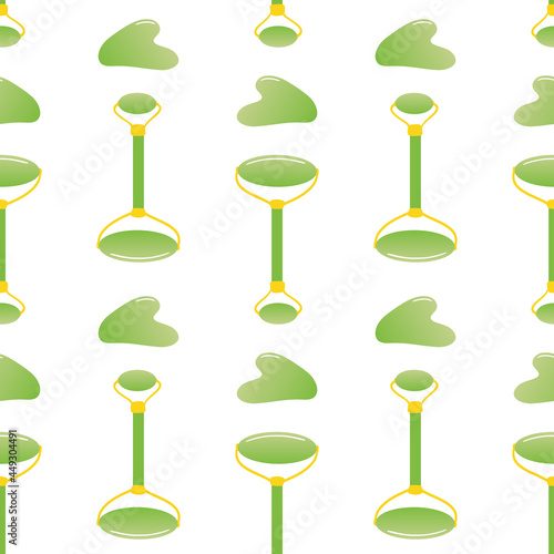 Jade stone gua sha roller and beauty tools vector seamless pattern background for massage and beauty treatment design.
