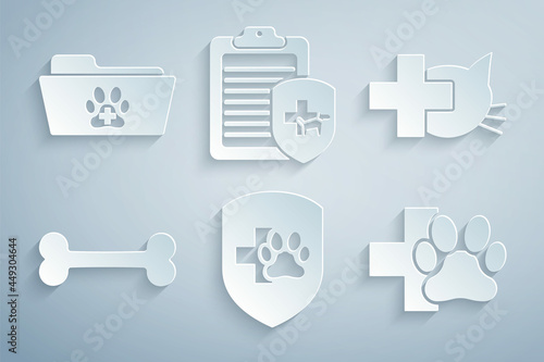 Set Animal health insurance, Veterinary clinic, Dog bone, , Clinical record pet and Medical veterinary folder icon. Vector