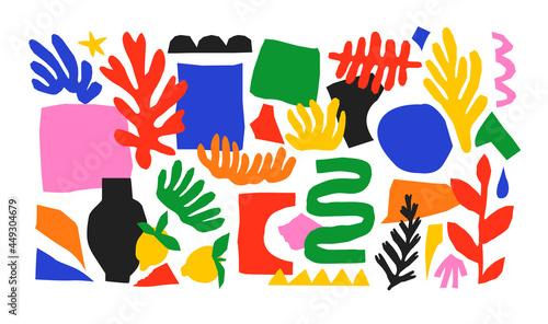 Colorful organic shape collage collection. Basic summer shapes, random childish doodle cutouts of tropical leaf and decorative abstract art on isolated background.