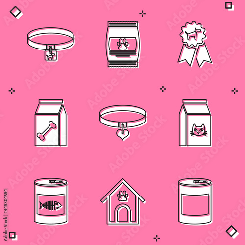 Set Dog collar, Bag of food for pet, award symbol, , Collar and heart and cat icon. Vector