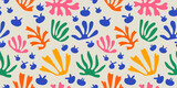Abstract leaf cutout shapes seamless pattern. Trendy colorful freehand leaves background design. Matisse inspired decoration wallpaper, childish nature symbols.