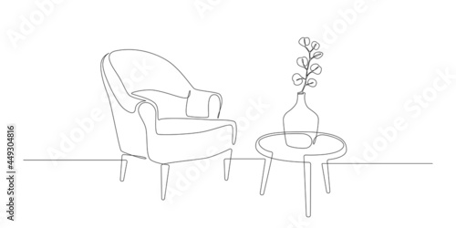 Continuous one line drawing of armchair and table with vase with plant. Scandinavian modern furniture in simple Linear style. Doodle vector illustration
