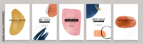 Trendy sale template collection with minimalist style watercolor organic shape background. Fashion store discount promotion flyers for special online offer event. Abstract business ad set.