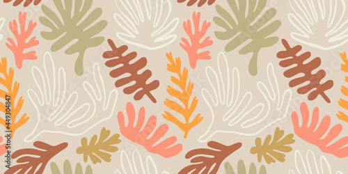 Abstract leaf cutout shapes seamless pattern. Trendy colorful freehand leaves background design. Matisse inspired decoration wallpaper, childish nature symbols.