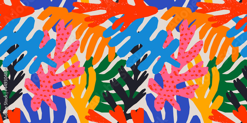Abstract leaf cutout shapes seamless pattern. Trendy colorful freehand leaves background design. Matisse inspired decoration wallpaper, childish nature symbols.