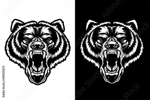 Angry bear face vector illustration. Furious angry face of bear with open mouth and terrible teeth as symbol of strength and aggressiveness. Grunge style  print for sport wear. 