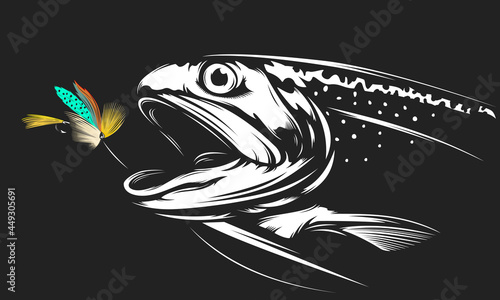 Rainbow trout jumping out water.Salmon isolated on white background. Concept art for horoscope, tattoo or colouring book.
