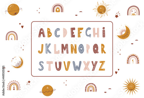 Boho alphabet with celestial elements. Cute letters and numbers for banners, nursery design, postcards. Clipart isolated in white background. Vector illustration in flat cartoon style.