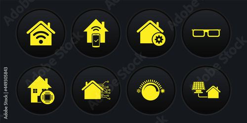 Set Smart home, Glasses, Thermostat, settings, remote control system, House with solar panel and wi-fi icon. Vector