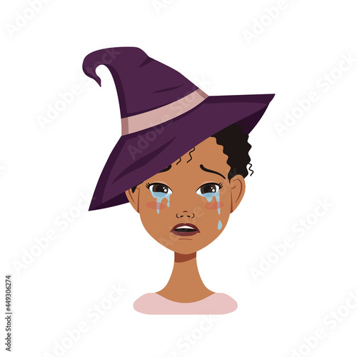 African American female avatar with black curly hair, sad emotions, crying face and tears, wearing a witch hat. Halloween character in costume