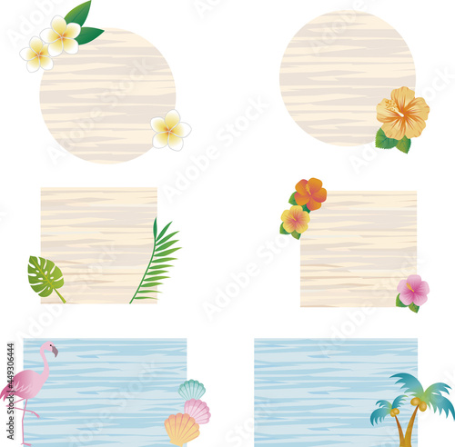 夏　植物　花　葉　南国　トロピカル　フレーム　コピースペース　イラスト素材セット