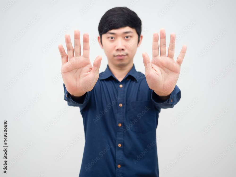 Asian man show empty hand smile face on white background Asian man show empty hand smile face on white background