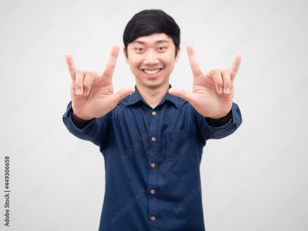 Asian man cheerful show double love hand happy smile white background Asian man cheerful show double love hand happy smile white background