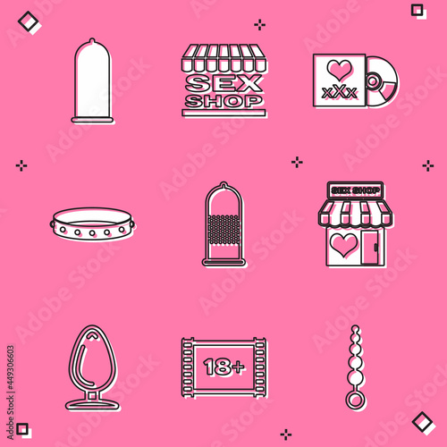 Set Condom safe sex, Sex shop building, Disc with inscription, Leather fetish collar, Anal plug and Play Video 18 plus icon. Vector