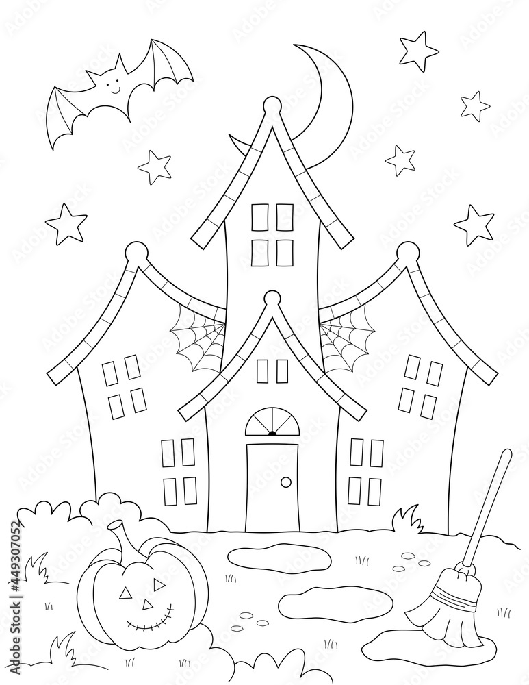 halloween coloring page for kids with haunted house, pumpkin, broom and