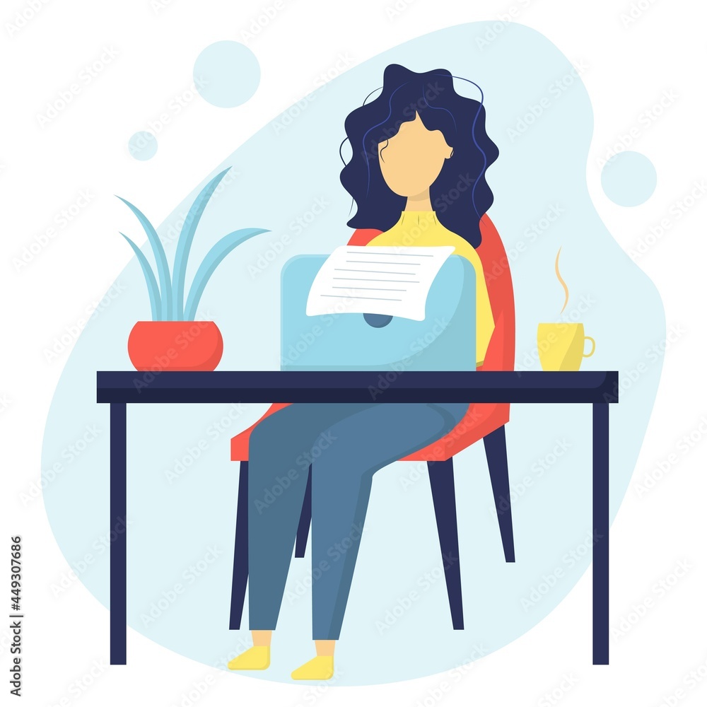 Writer. Content author. The concept of creating blog articles. Young pensive woman sitting at the table. The girl writes a book on a laptop. Writer. Content author. The concept of creating blog articles. Young pensive woman sitting at the table. The girl writes a book on a laptop.