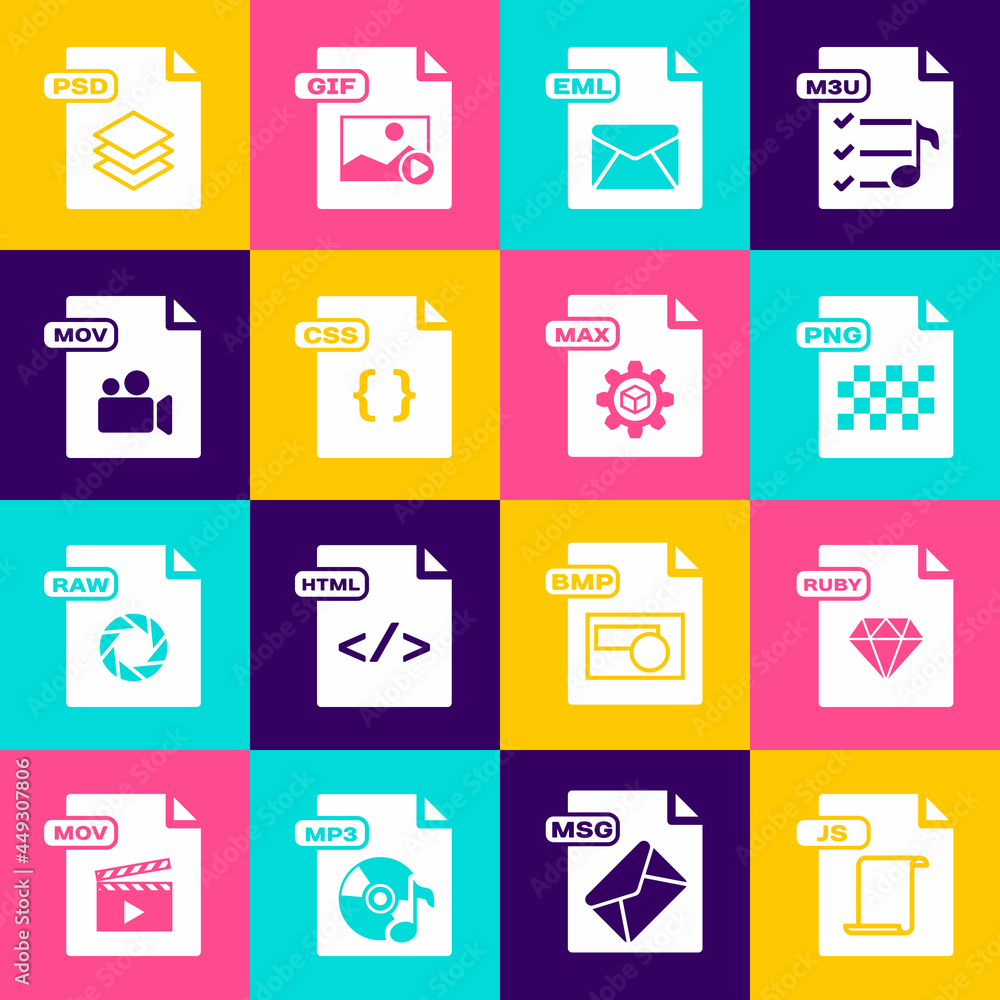 Set JS file document, RUBY, PNG, EML, CSS, MOV, PSD and MAX icon. Vector Set JS file document, RUBY, PNG, EML, CSS, MOV, PSD and MAX icon. Vector