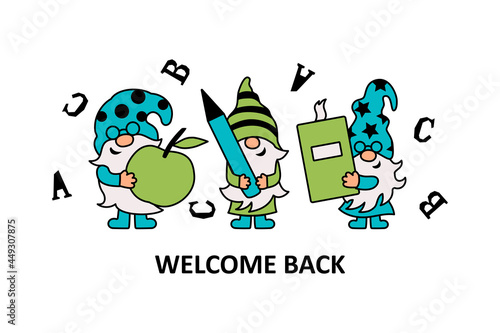 Three gnomes with apple, pen and book are on white background. Back to school. Vector illustration.