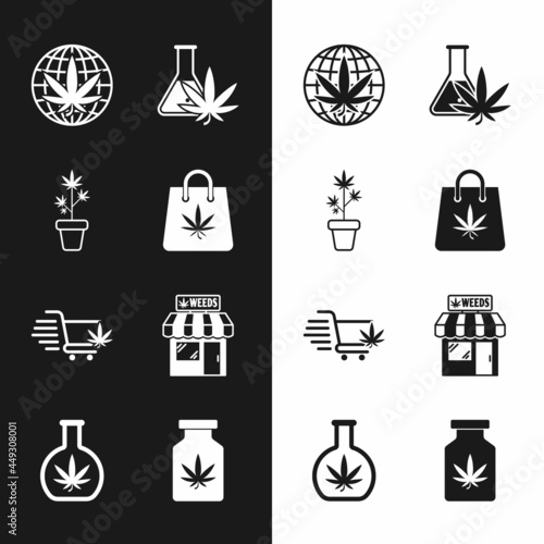 Set Shopping bag of marijuana, Marijuana plant pot, Legalize, Test tube with, cart, and cannabis store, Medical bottle and icon. Vector