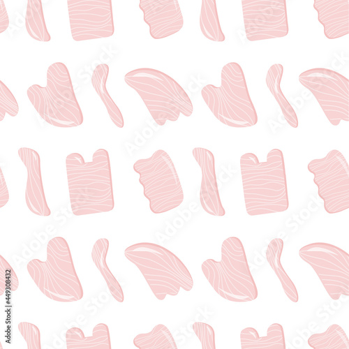 Seamless pattern with Rose Quartz Gua Sha Scraping Massage tool. Natural pink scraper in different shapes. Trendy skin care. Vector background in flat style.