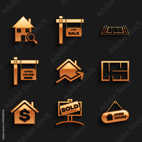 Set Rising cost of housing, Hanging sign with Sold, Open house, House plan, dollar, and Search icon. Vector