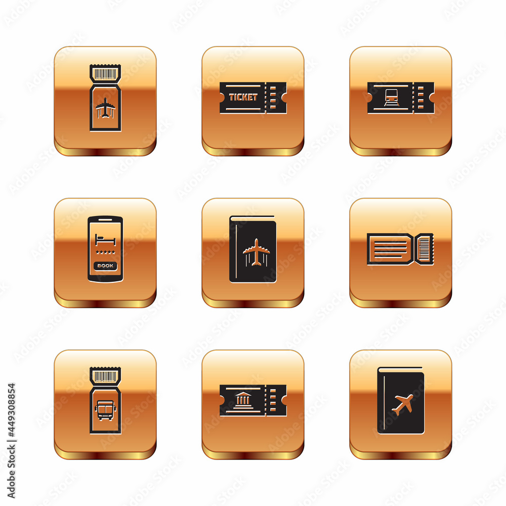 Set Airline ticket, Bus, Museum, Cover book travel guide, Online hotel booking, Train, and Ticket icon. Vector Set Airline ticket, Bus, Museum, Cover book travel guide, Online hotel booking, Train, and Ticket icon. Vector
