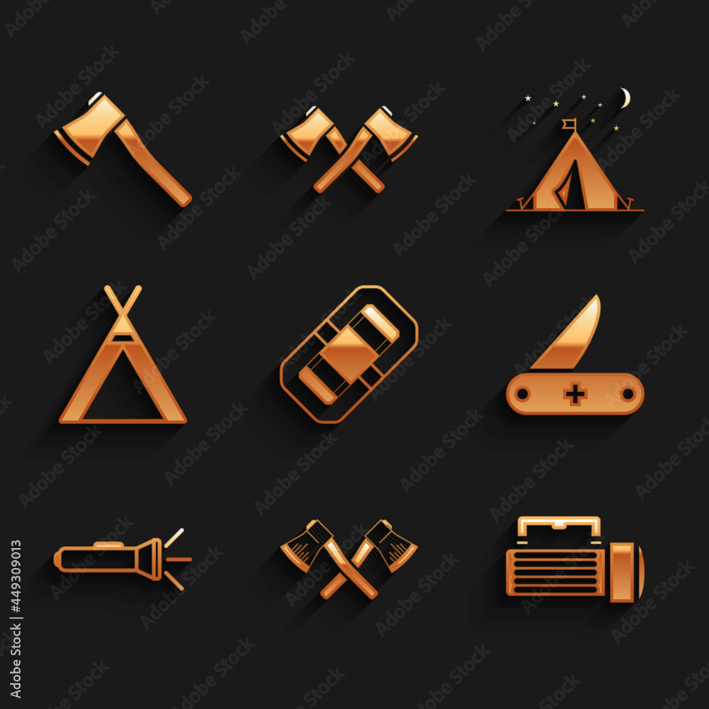 Set Rafting boat, Crossed wooden axe, Flashlight, Swiss army knife, Tourist tent, with flag and Wooden icon. Vector Set Rafting boat, Crossed wooden axe, Flashlight, Swiss army knife, Tourist tent, with flag and Wooden icon. Vector