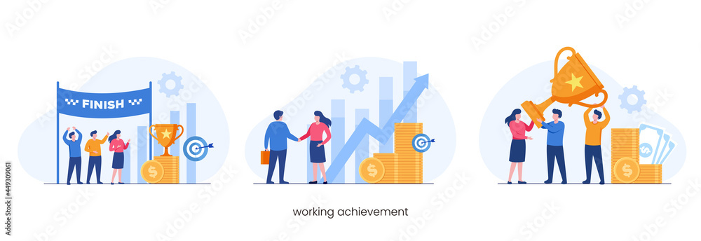 Working achievement, reward, business teamwork, growth profit, flat vector illustration banner